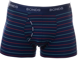 10 pack Bonds microfiber guyfront trunk men's underwear trunks navy/red/aqua stripes.