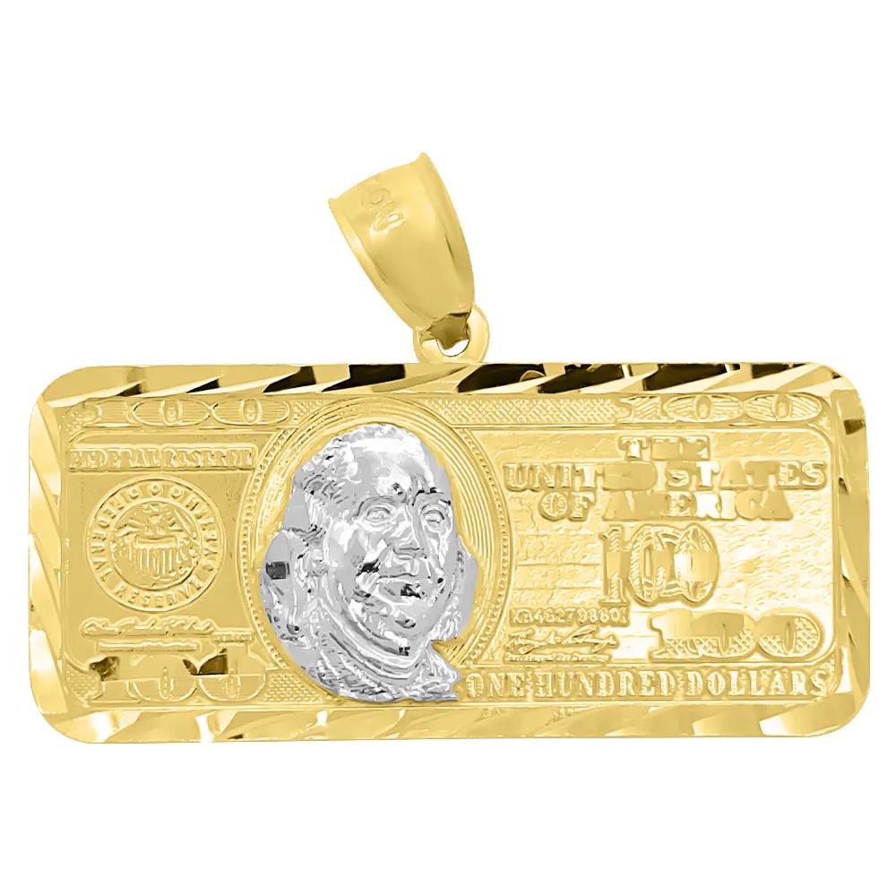 100 dollar bill pendant in horizontal design made of 10K yellow gold.