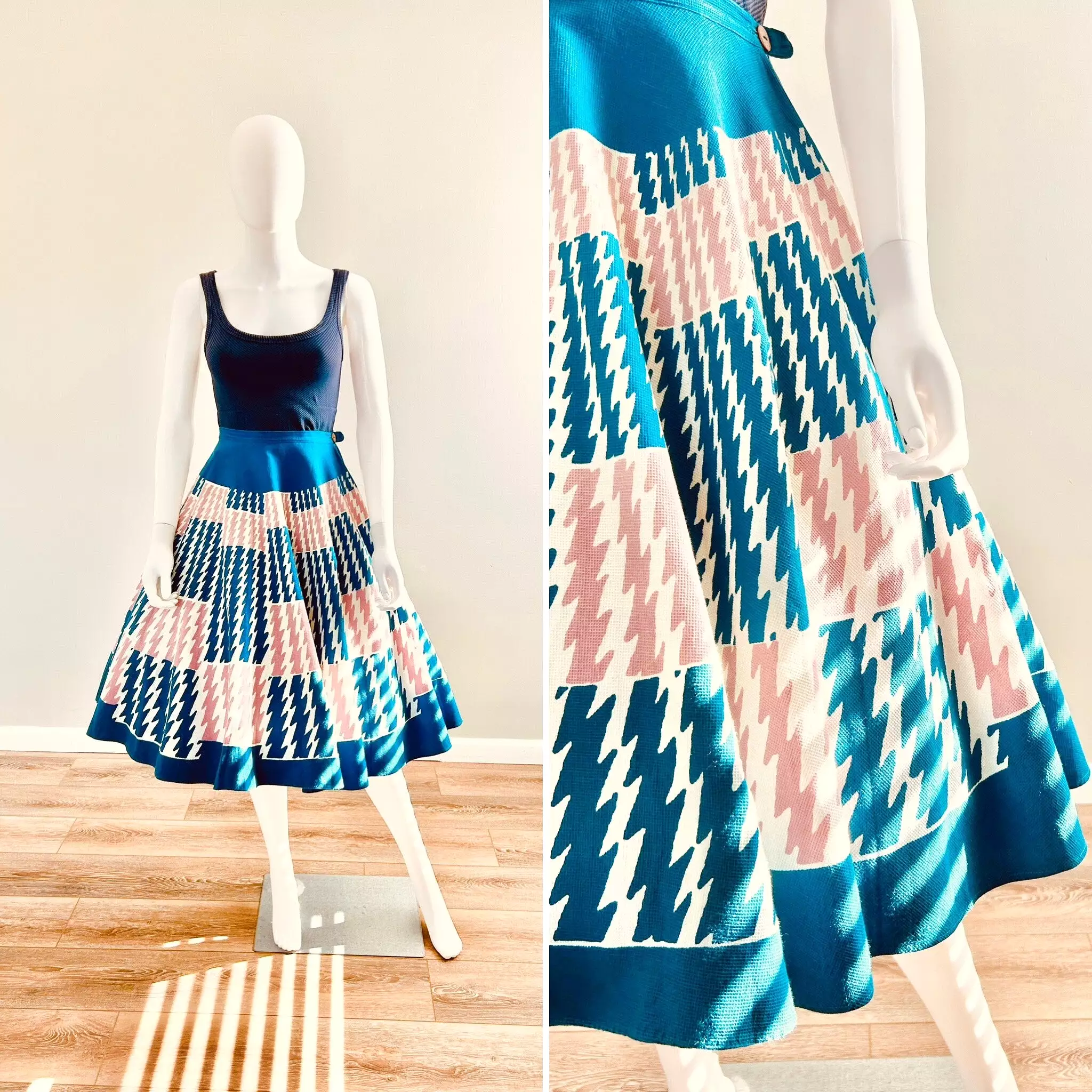 1950s Circle Skirt with Retro Houndstooth Print - Size XS