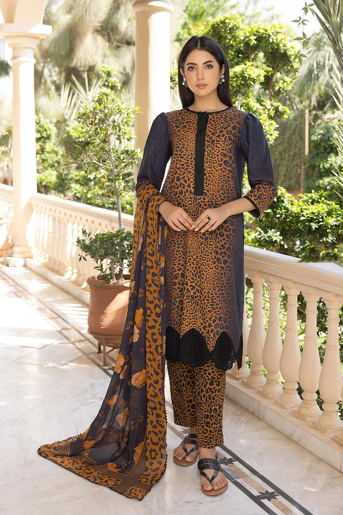 3-Piece Cheetah Printed Embroidered Shirt with Matching Trouser and Chiffon Dupatta