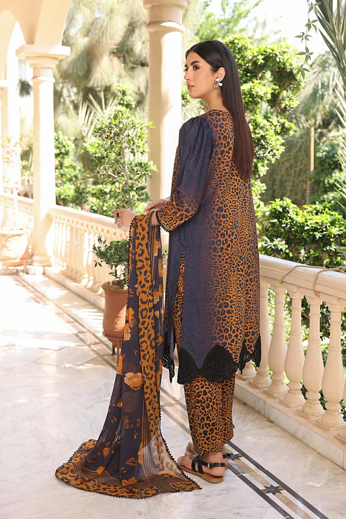 3-Piece Cheetah Printed Embroidered Shirt with Matching Trouser and Chiffon Dupatta