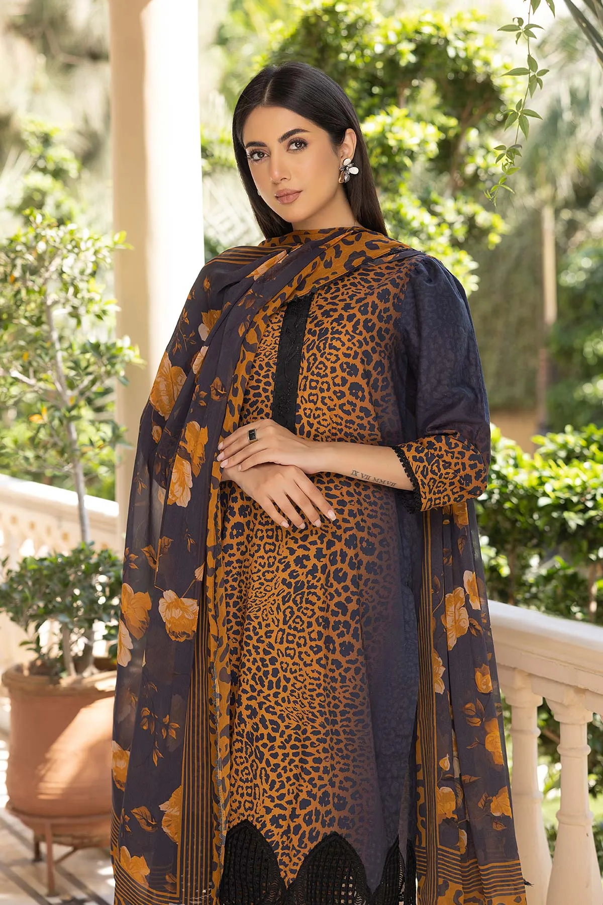 3-Piece Cheetah Printed Embroidered Shirt with Matching Trouser and Chiffon Dupatta