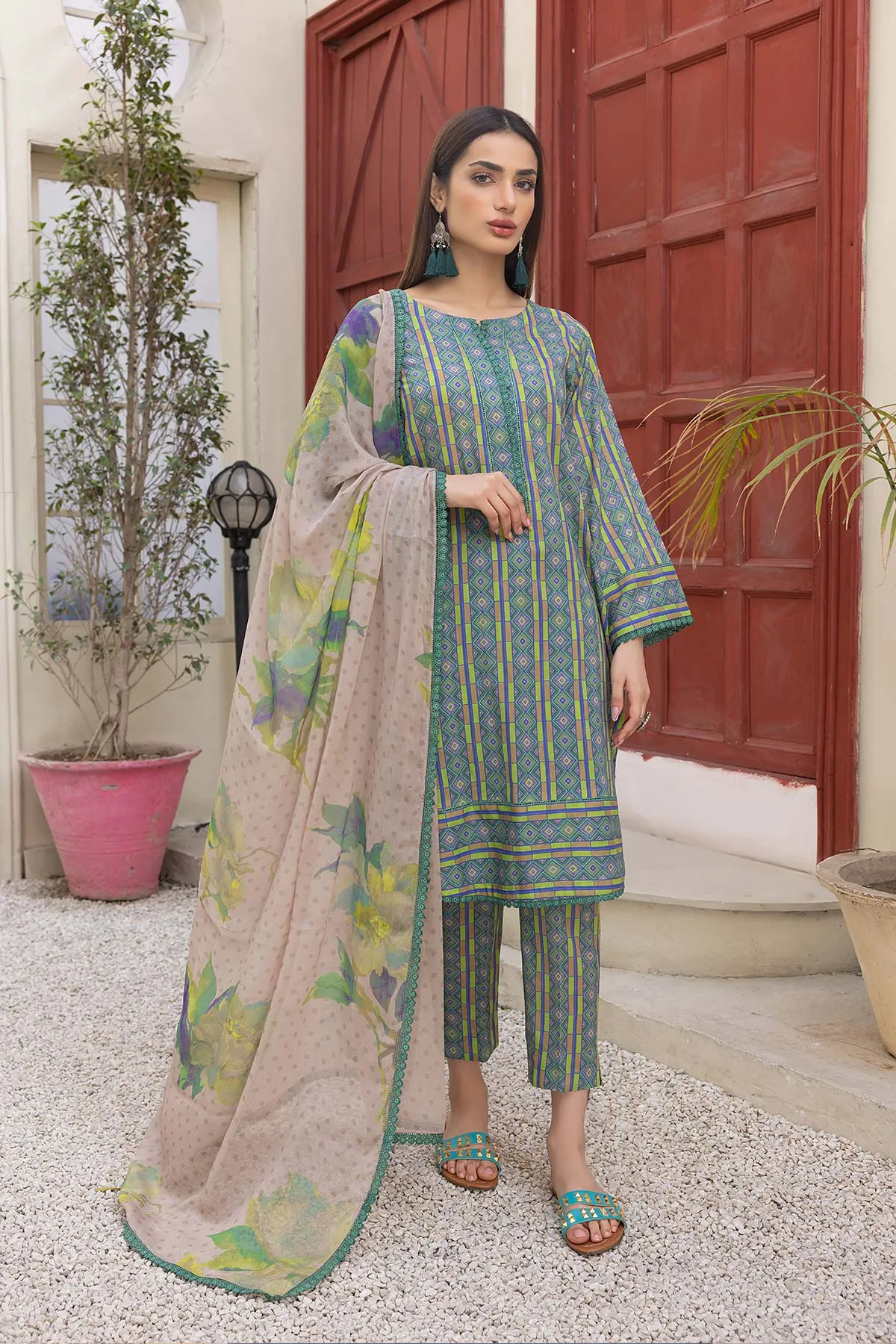 3-Pc Printed Lawn Shirt with Printed Cigaratte Pant and Chiffon Dupatta CPM23-40