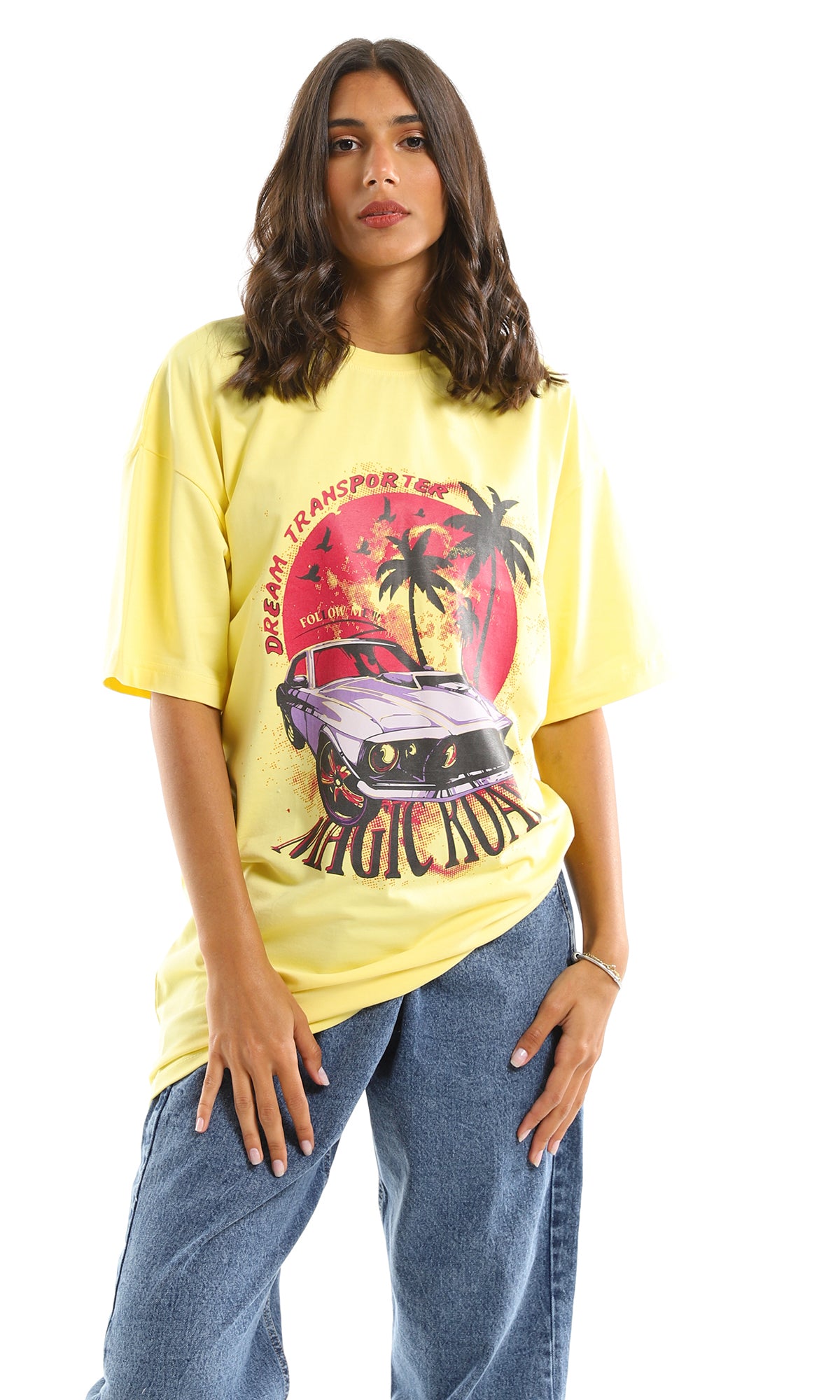 97597 Yellow Oversized Summer Tee - Dream Transporter Print