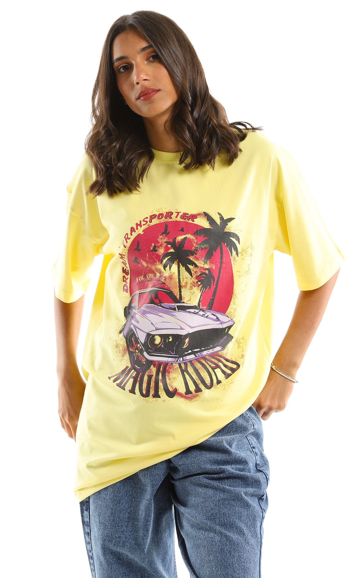 97597 Yellow Oversized Summer Tee - Dream Transporter Print