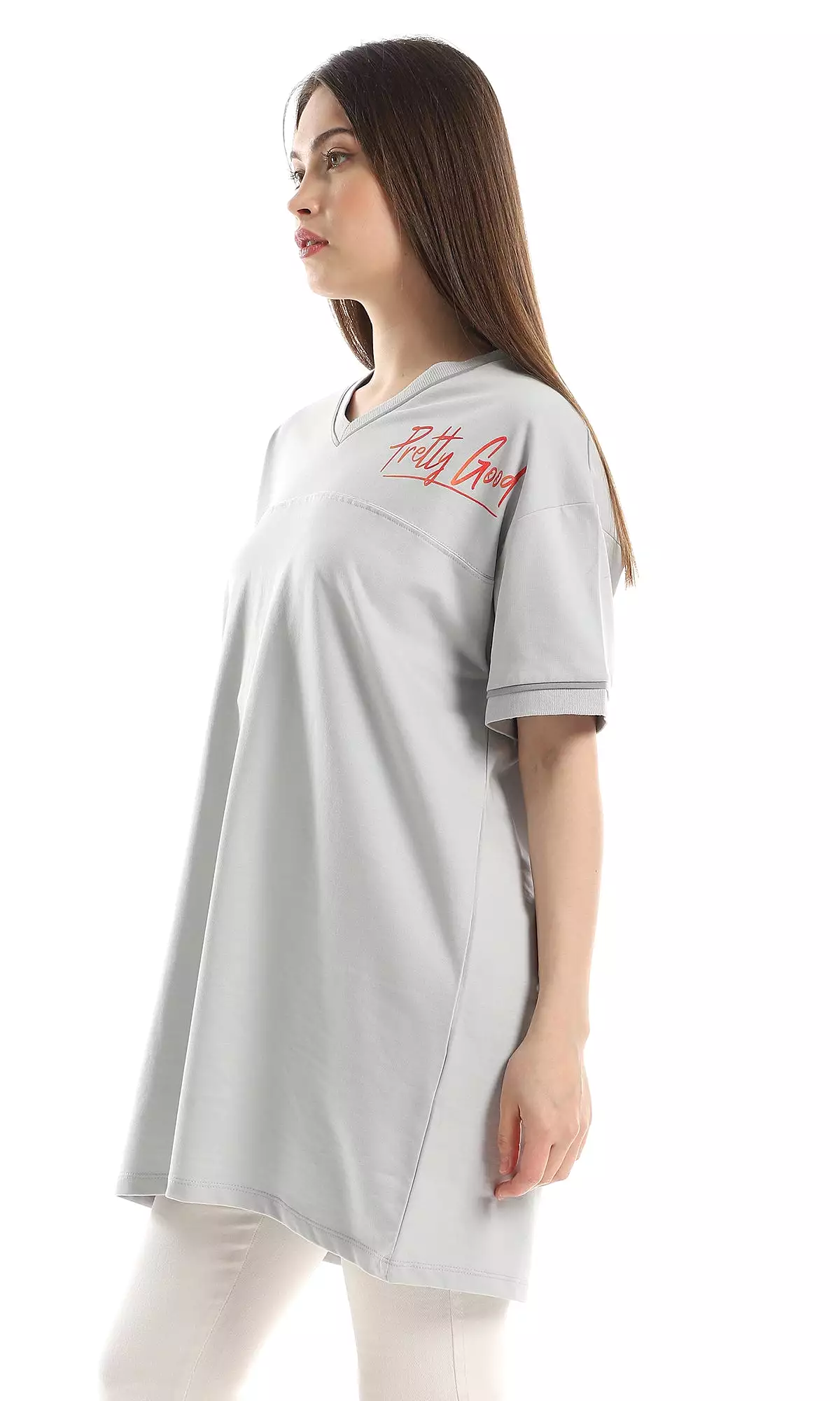 97774 Slip On Loose Fit Printed T-Shirt - Light Grey