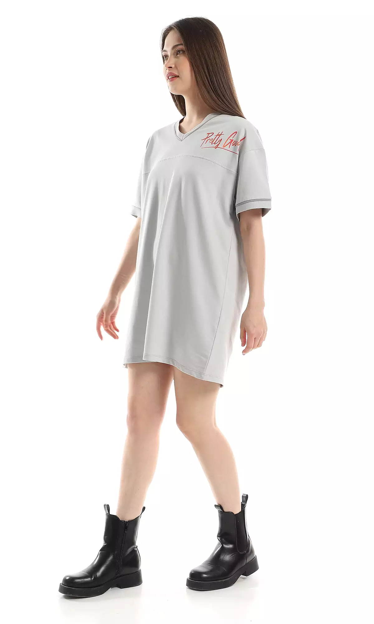 97774 Slip On Loose Fit Printed T-Shirt - Light Grey