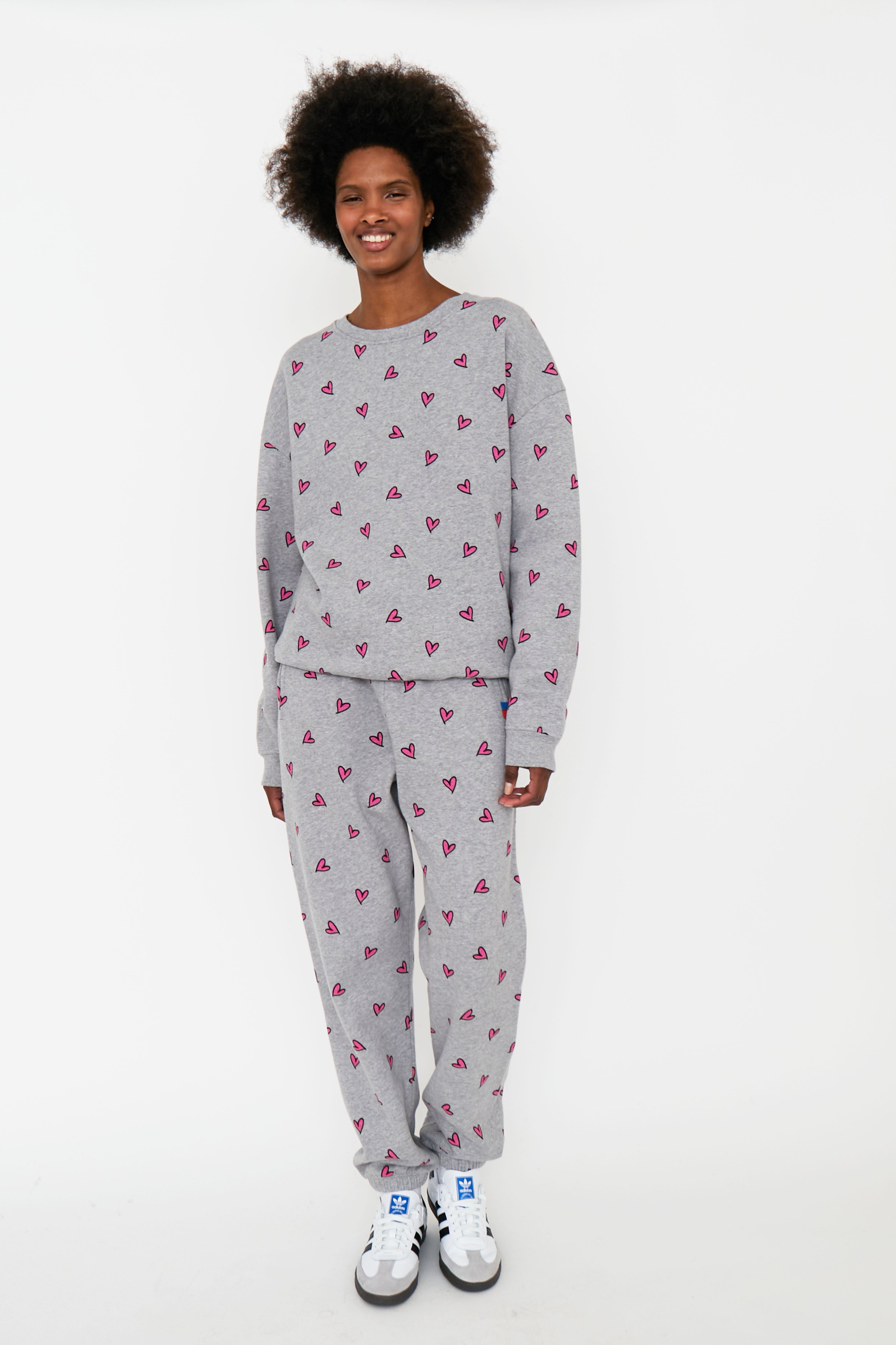 All Over Heart Sweatpants, Heather Grey/Pink