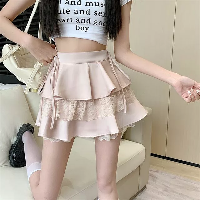 Balletcore Lace Panel Layered Mini Skirt