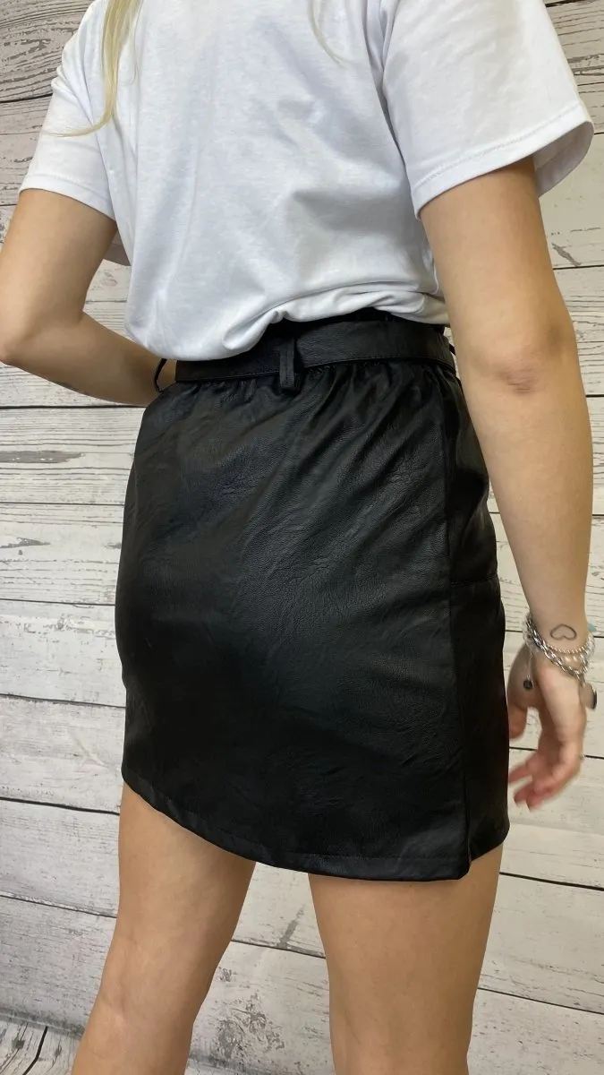 Black faux leather skirt with ruffled waistband