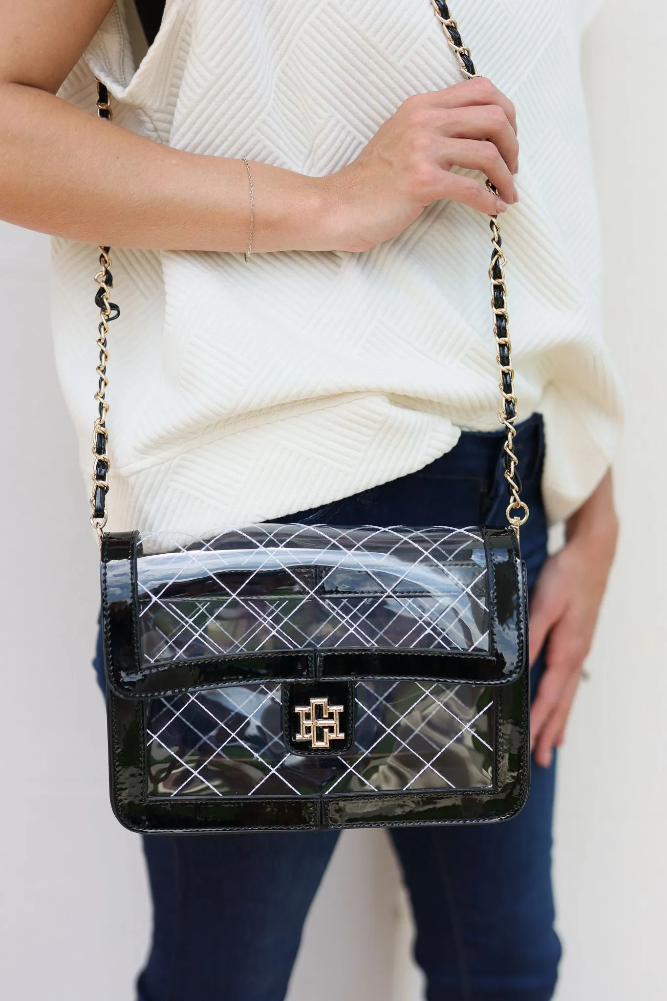 Black Patent Quinn Quilted Clear Bag