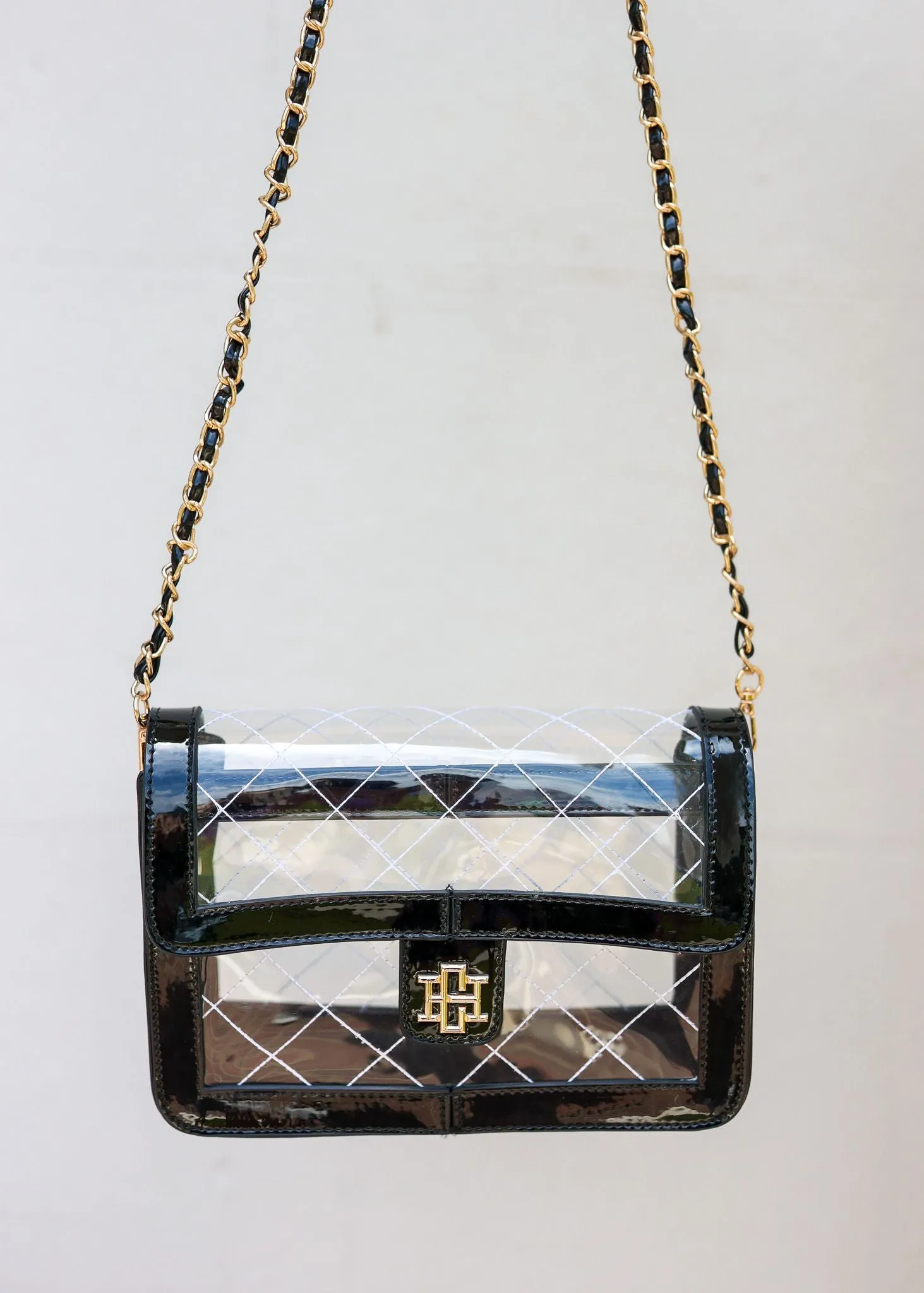 Black Patent Quinn Quilted Clear Bag