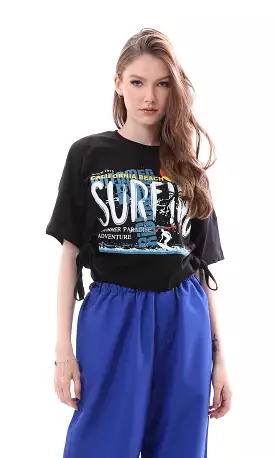 Black Surfing Cropped T-Shirt with Side Drawstring