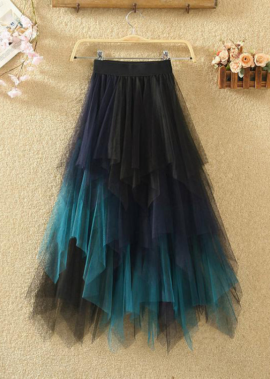 Blue Asymmetrical Patchwork Tulle Skirts