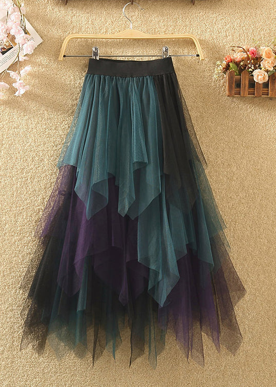 Blue Asymmetrical Patchwork Tulle Skirts