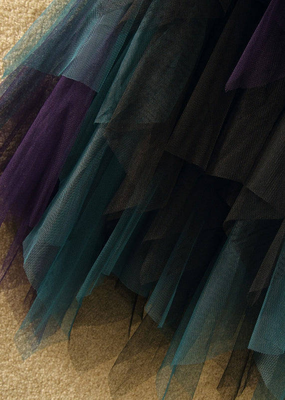 Blue Asymmetrical Patchwork Tulle Skirts