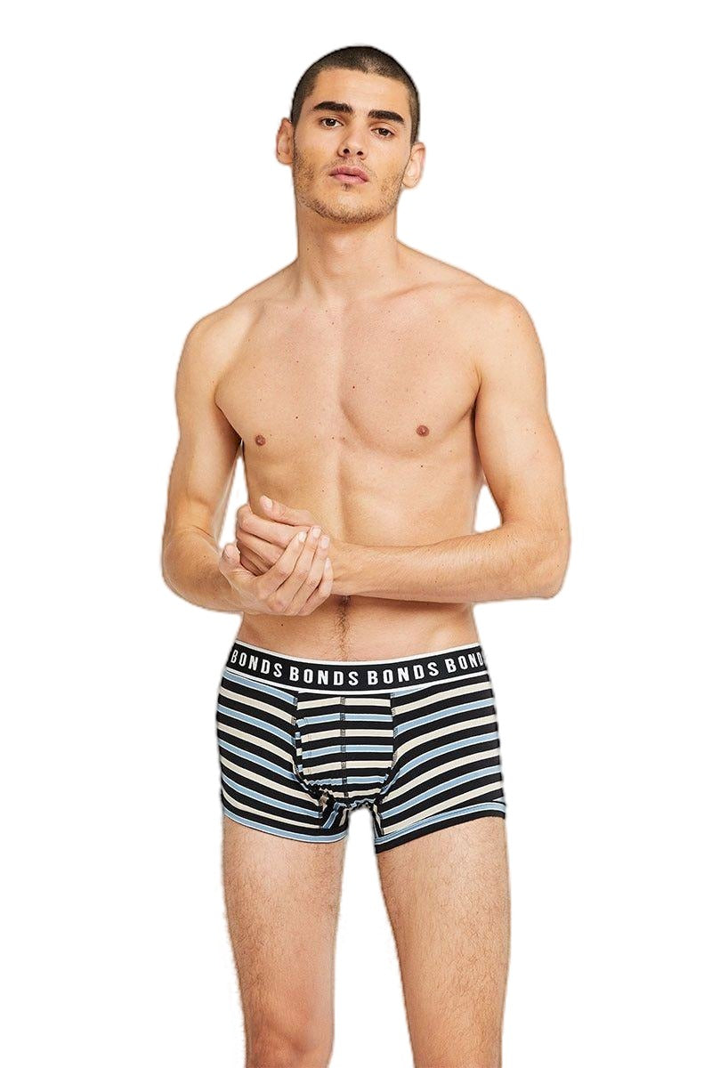 Bonds Men's Underwear Cream Blue Black Striped Trunks - Size 7S1