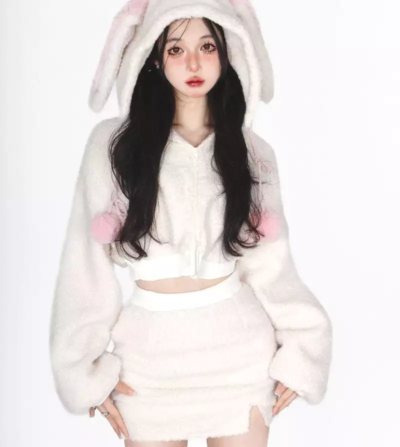 Bunny Hooded Top and Cute Bunny Mini Skirt - Kimi