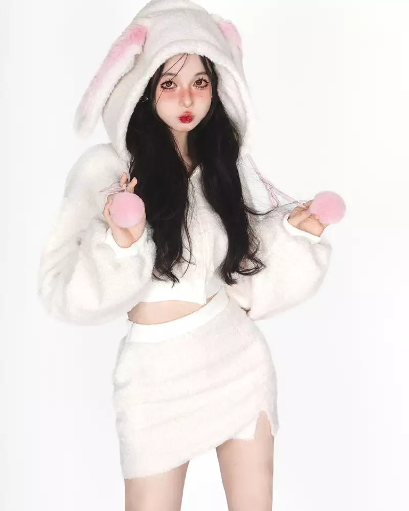 Bunny Hooded Top and Cute Bunny Mini Skirt - Kimi