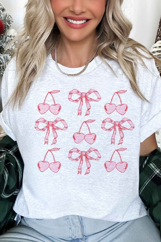 Cherry Valentine's Oversized Graphic Tee with Ribbon Bow