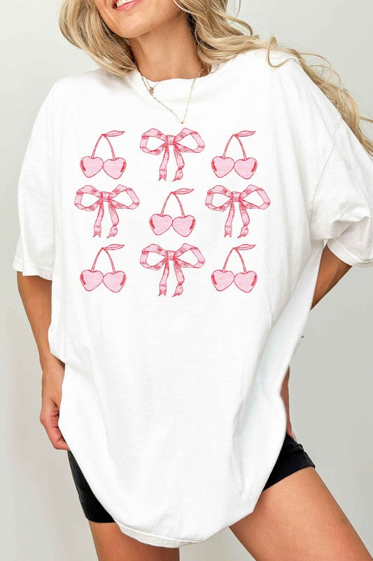 Cherry Valentine's Oversized Graphic Tee with Ribbon Bow