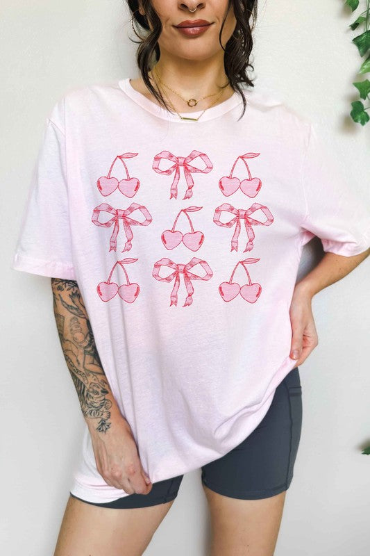 Cherry Valentine's Oversized Graphic Tee with Ribbon Bow