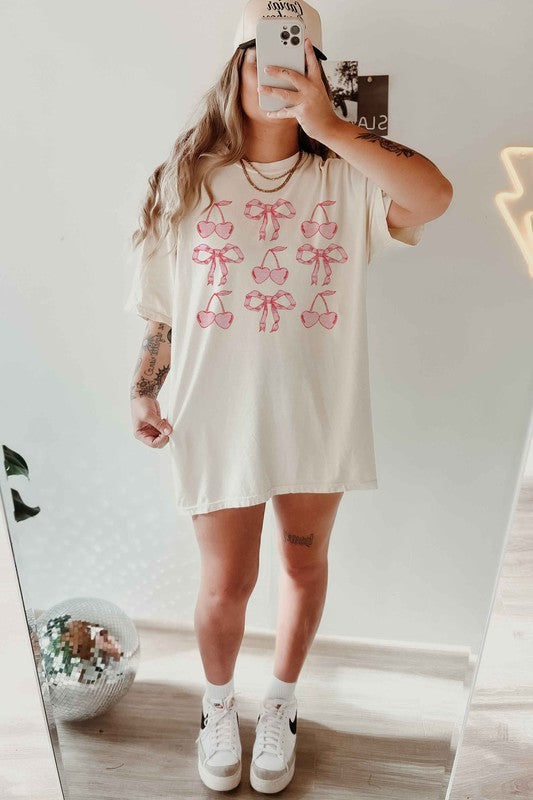 Cherry Valentine's Oversized Graphic Tee with Ribbon Bow