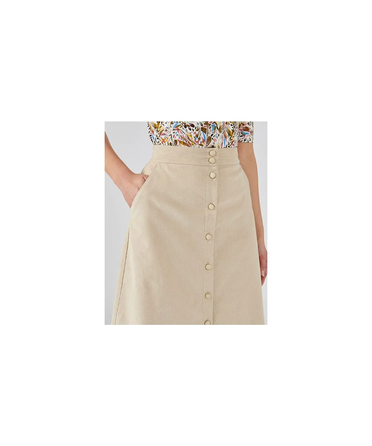 Button Detail Corduroy Skirt with