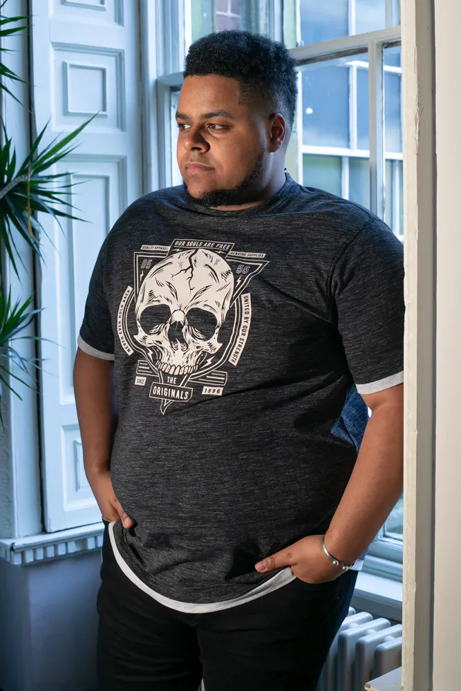 Big Mens Skull Printed T-Shirt With Double Layer Hem and Cuff (DARREN) by D555