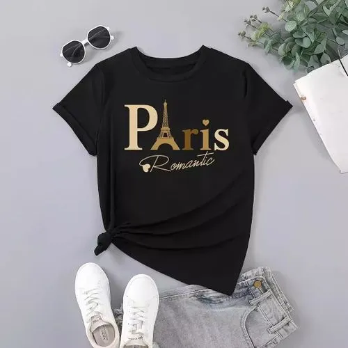 Eiffel Tower Letter Women's Short Sleeve Casual T-Shirt