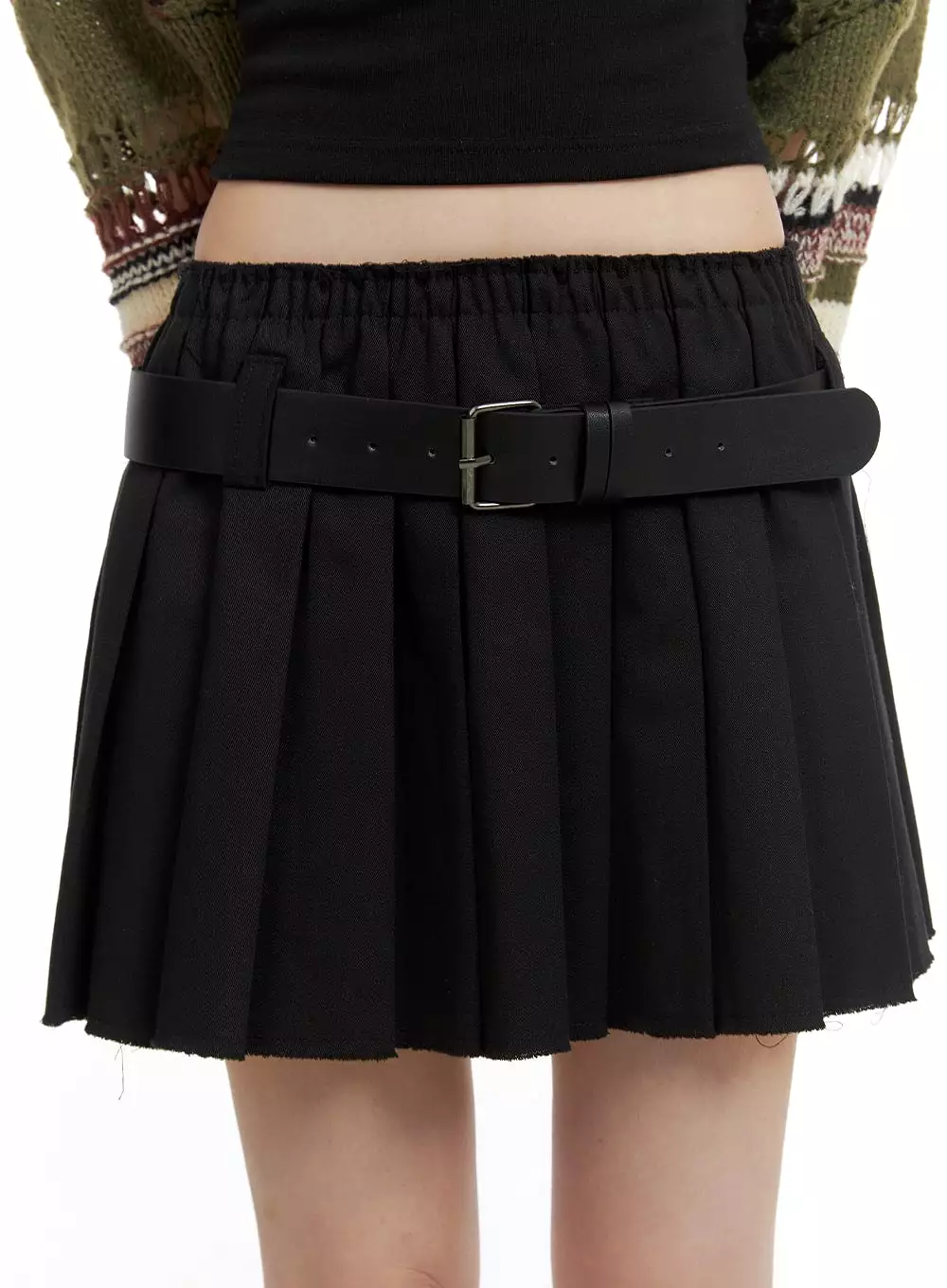 Elastic Waist Pleated Mini Skirt with Belt - CA411