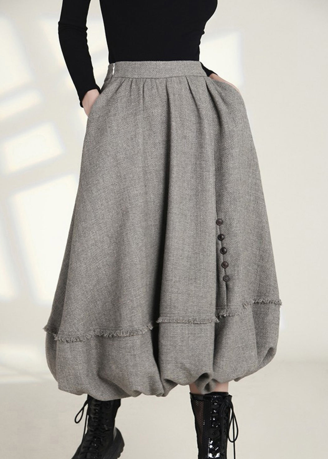 Fashionable High Waist Cotton Skirts with Zippered Pockets in French Grey - AS1006