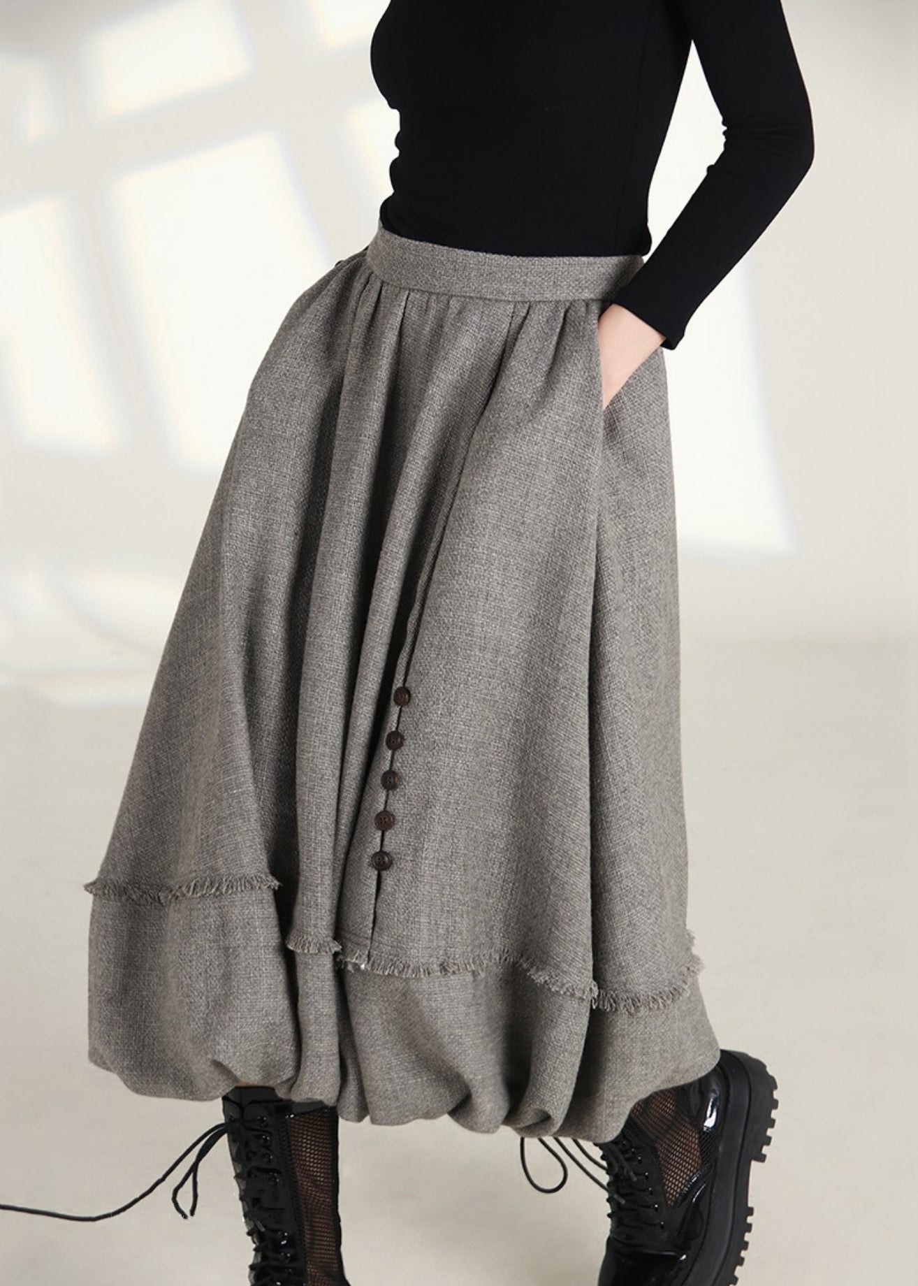 Fashionable High Waist Cotton Skirts with Zippered Pockets in French Grey - AS1006