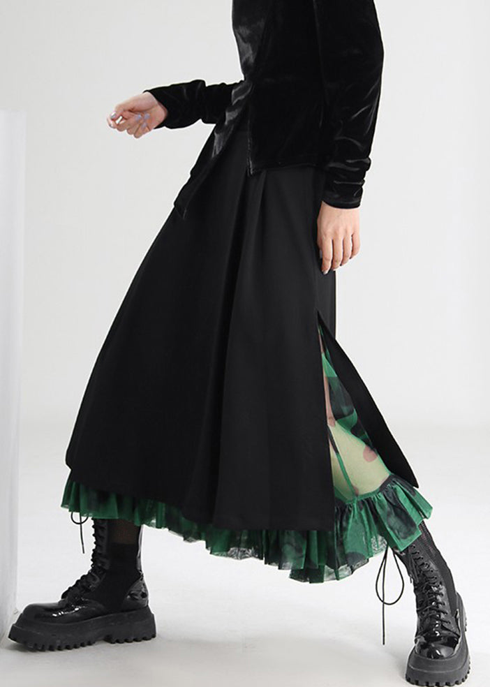 French Black Side Open Tulle Patchwork Skirts Spring AS1010 - Feminine French-style Spring Skirts with Black Color and Side Open