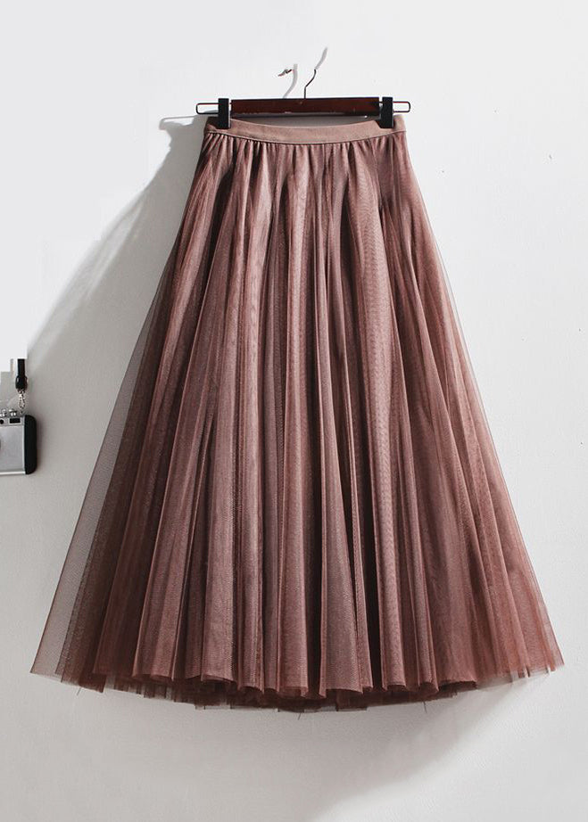 French Coffee Wrinkled Elastic Waist Tulle Skirts Summer AS1071 - Women's French Coffee Wrinkled Tulle Skirts with Elastic Waist