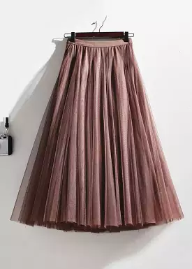 French Coffee Wrinkled Elastic Waist Tulle Skirts Summer AS1071 - Women's French Coffee Wrinkled Tulle Skirts with Elastic Waist