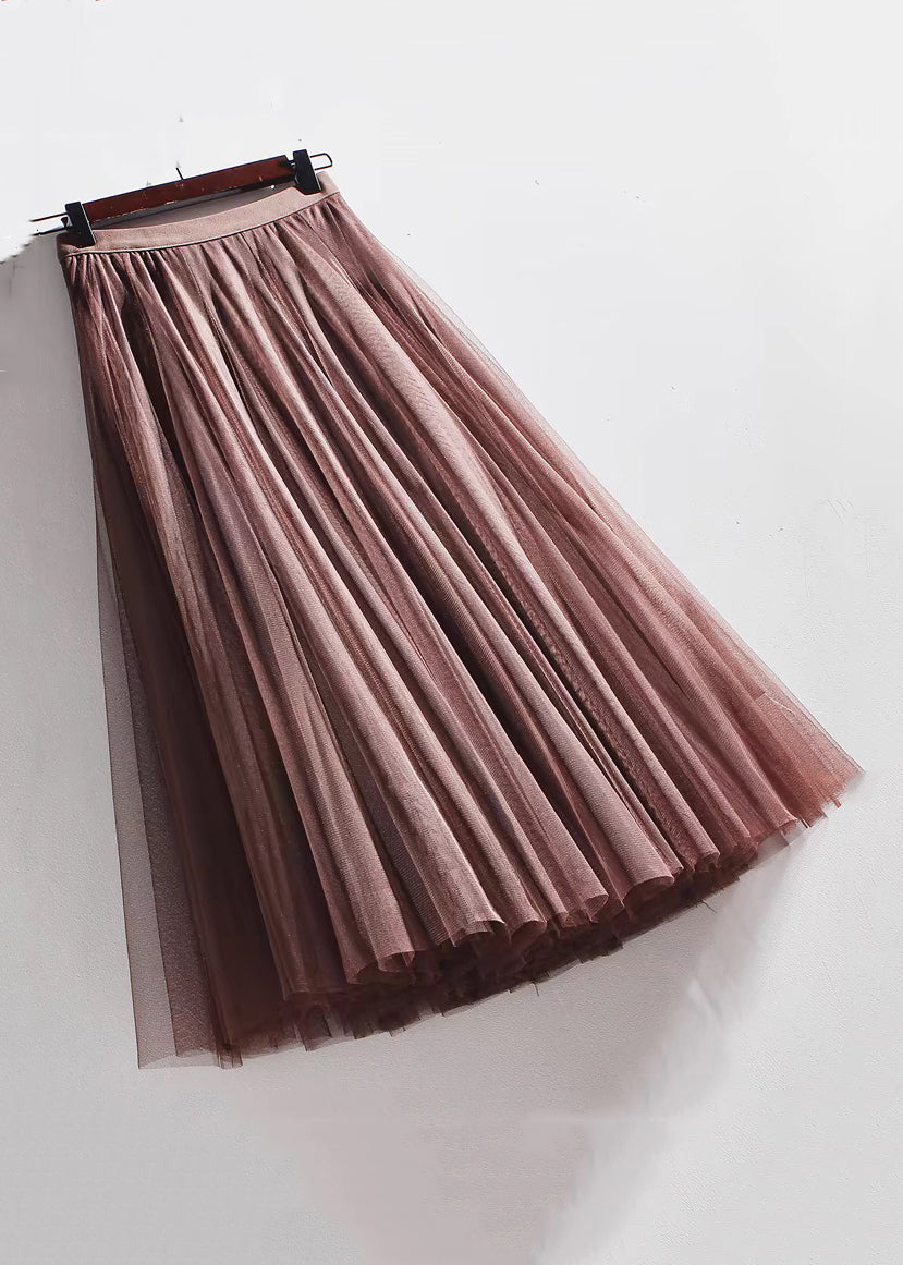 French Coffee Wrinkled Elastic Waist Tulle Skirts Summer AS1071 - Women's French Coffee Wrinkled Tulle Skirts with Elastic Waist