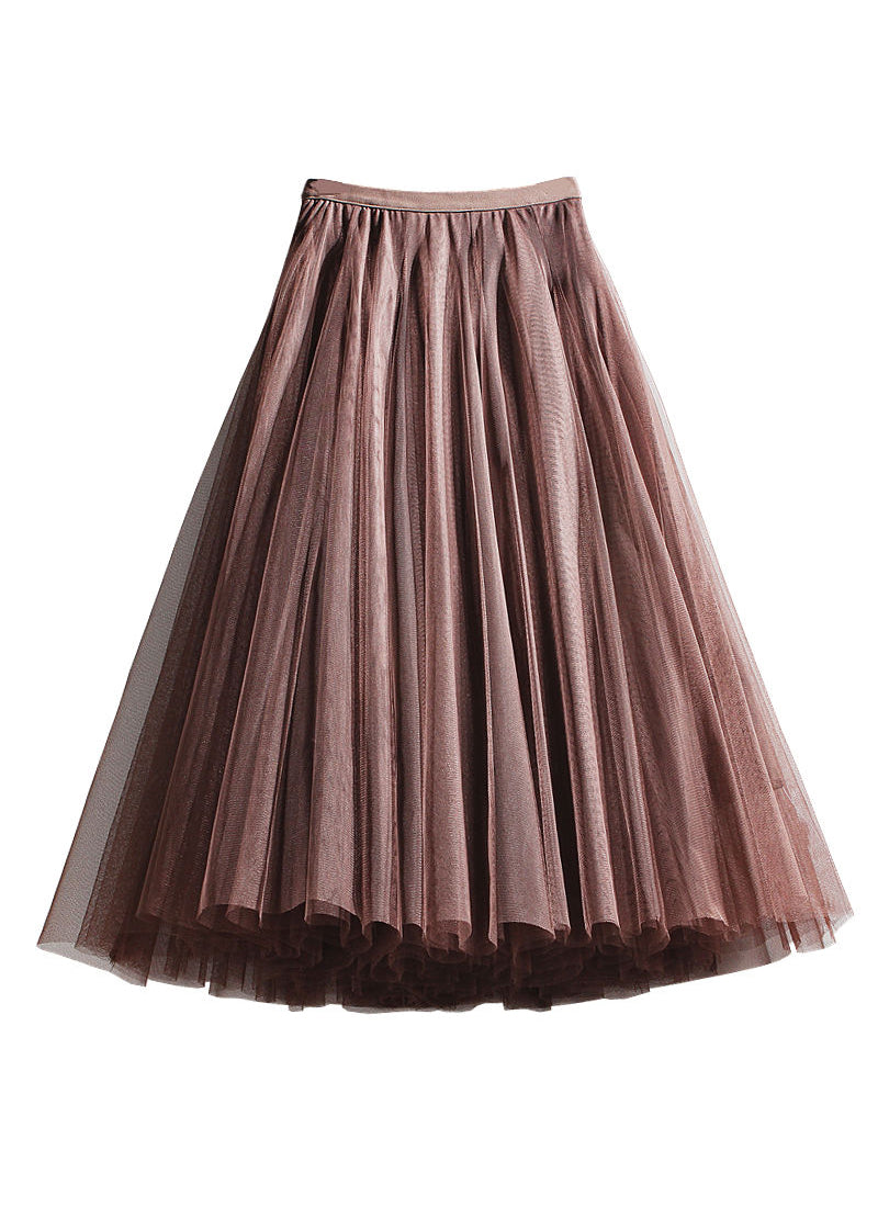 French Coffee Wrinkled Elastic Waist Tulle Skirts Summer AS1071 - Women's French Coffee Wrinkled Tulle Skirts with Elastic Waist