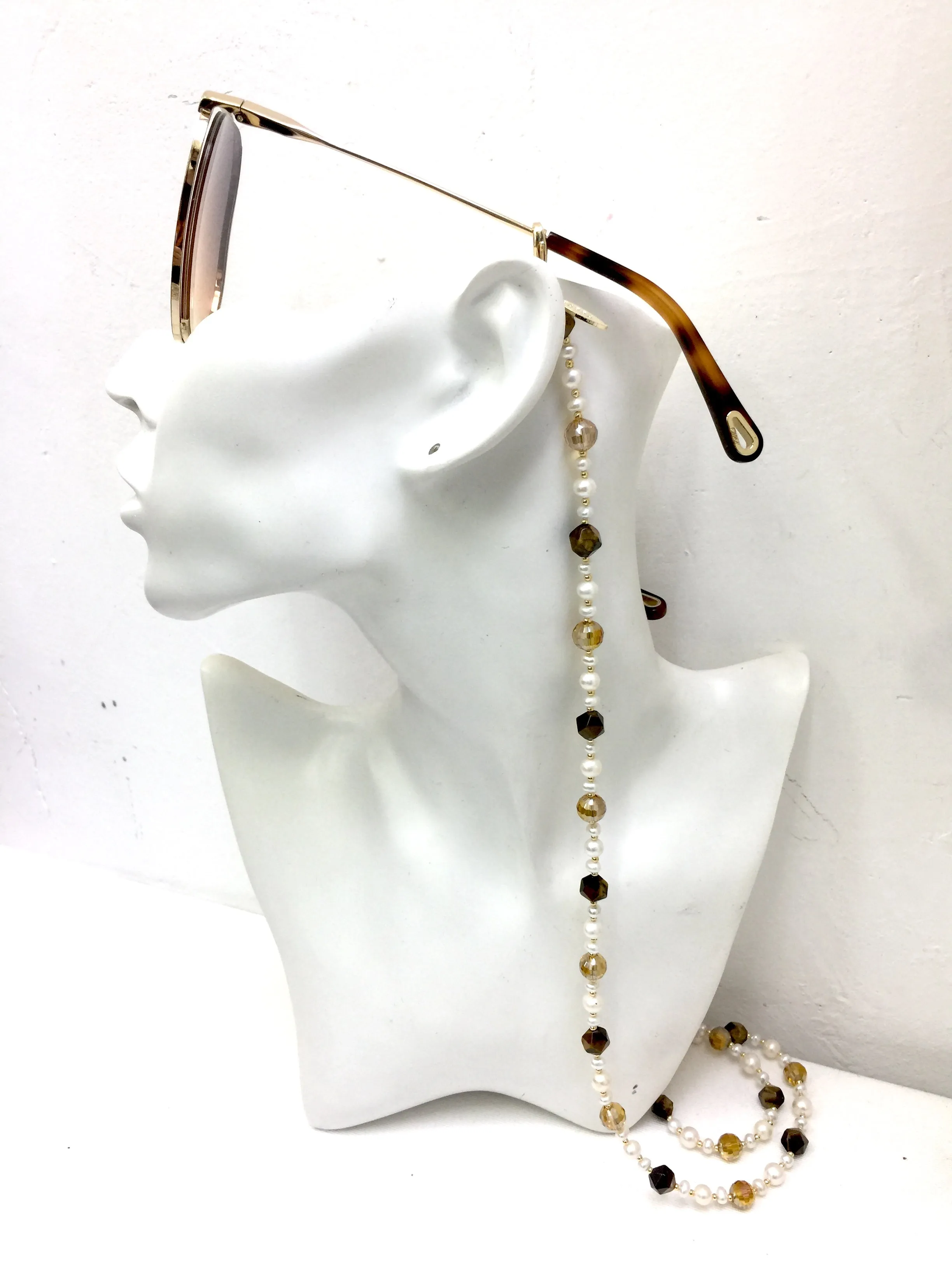 Freshwater Pearls Tiger Eye Crystals Glasses Chain EC005