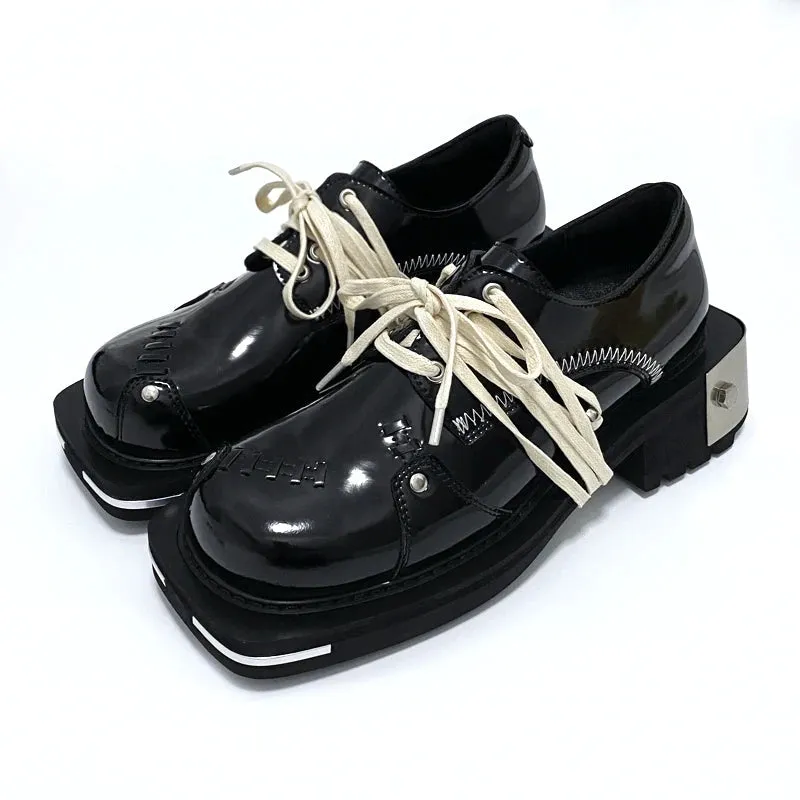 Genuine Leather Women's Punk Style Lace-up Thick-Soled Casual Shoes