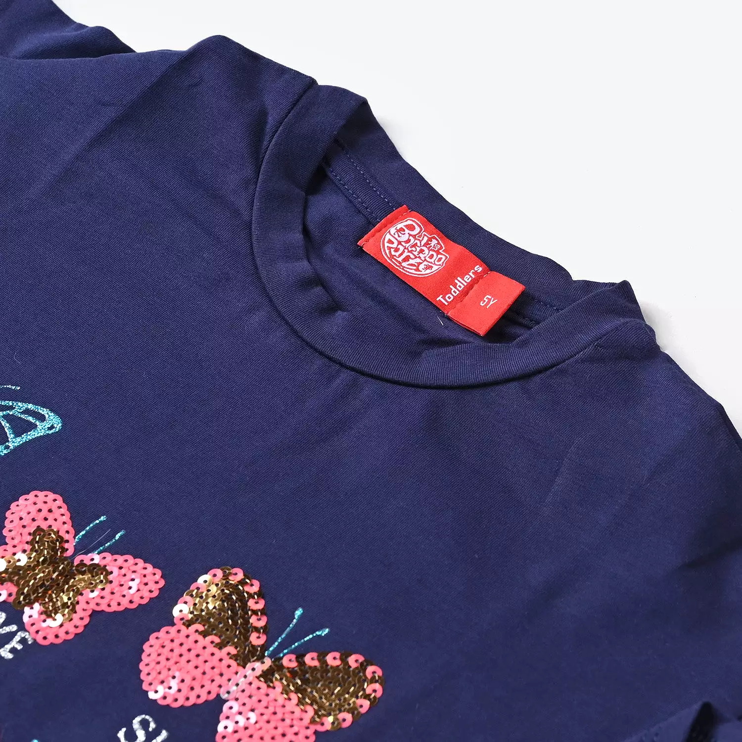 Girls Butterfly Navy Lycra Jersey T-Shirt.