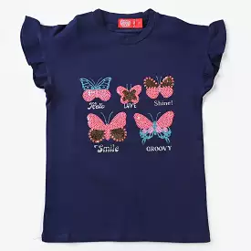 Girls Butterfly Navy Lycra Jersey T-Shirt.