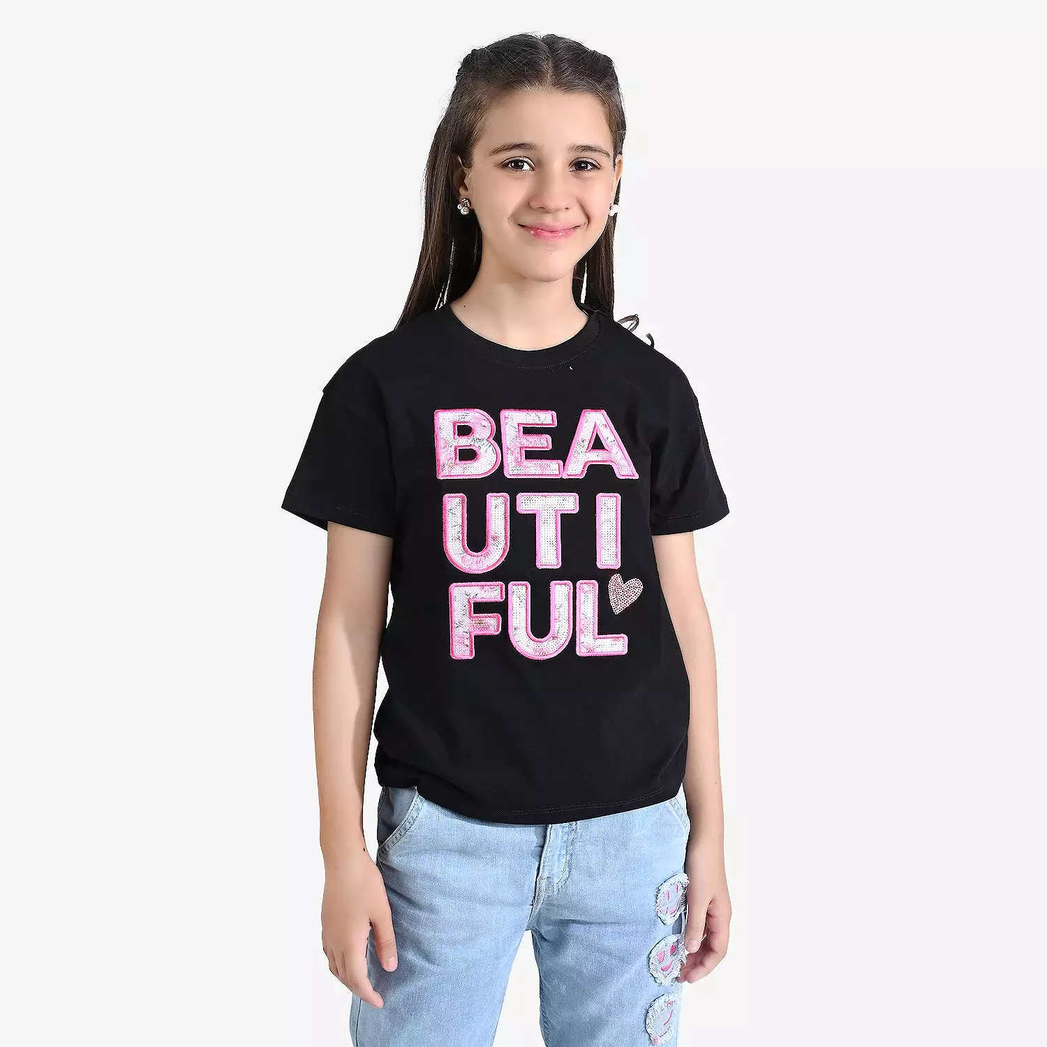 Girls Cotton Jersey T-Shirt Beautiful-Jet Black