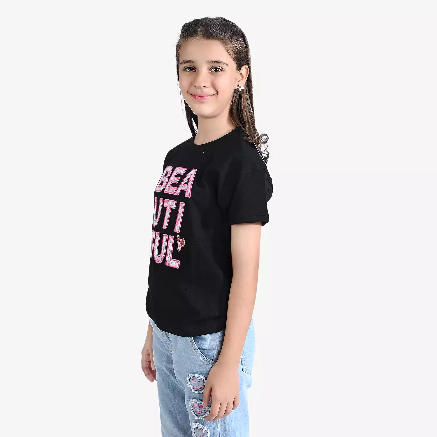 Girls Cotton Jersey T-Shirt Beautiful-Jet Black