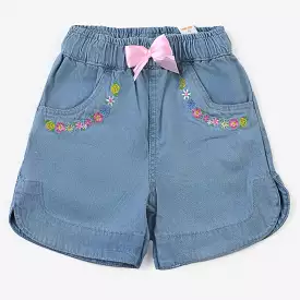 Girls Denim Shorts - Floral Ice Blue