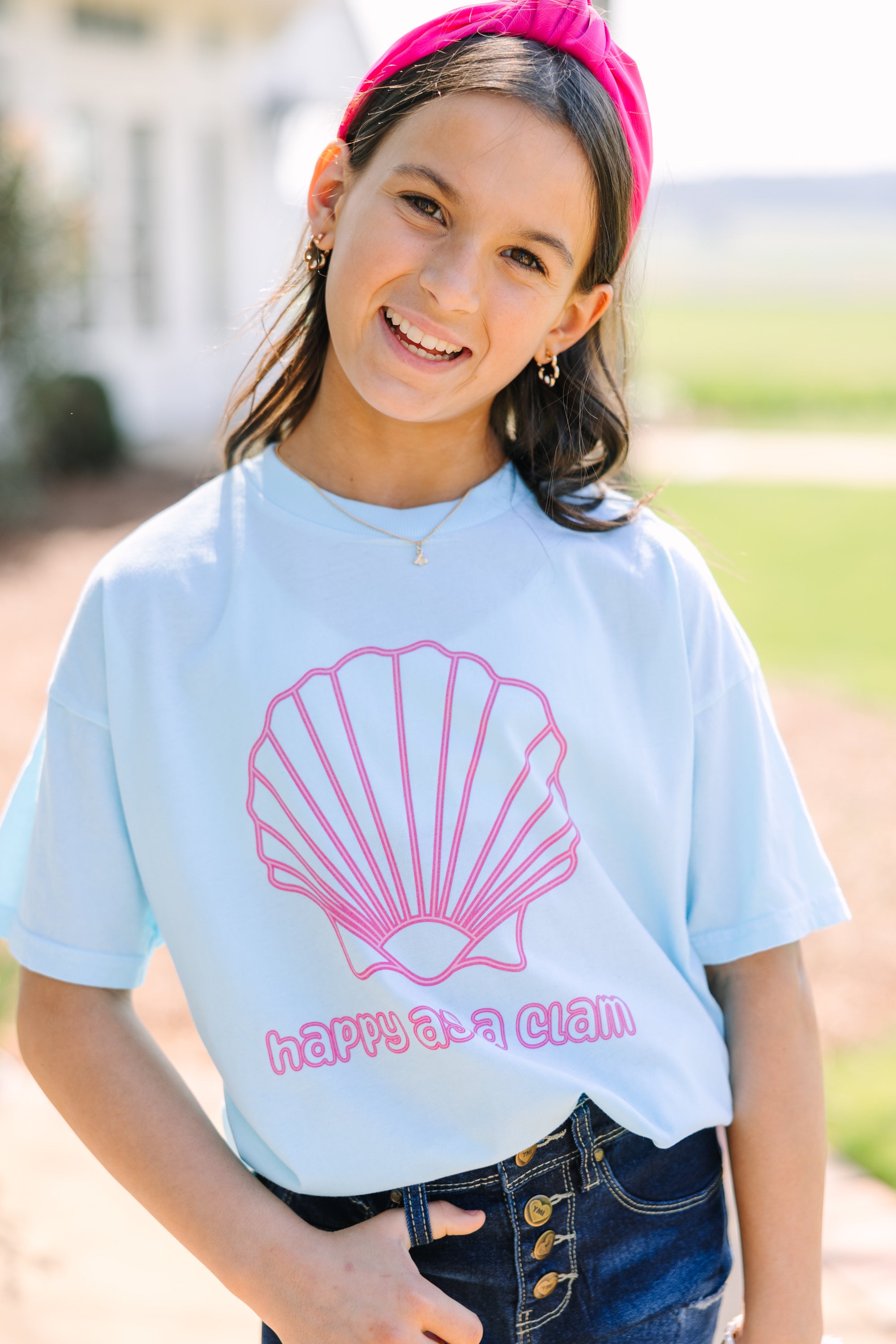 Girls Happy Clam Blue Oversized Graphic Tee