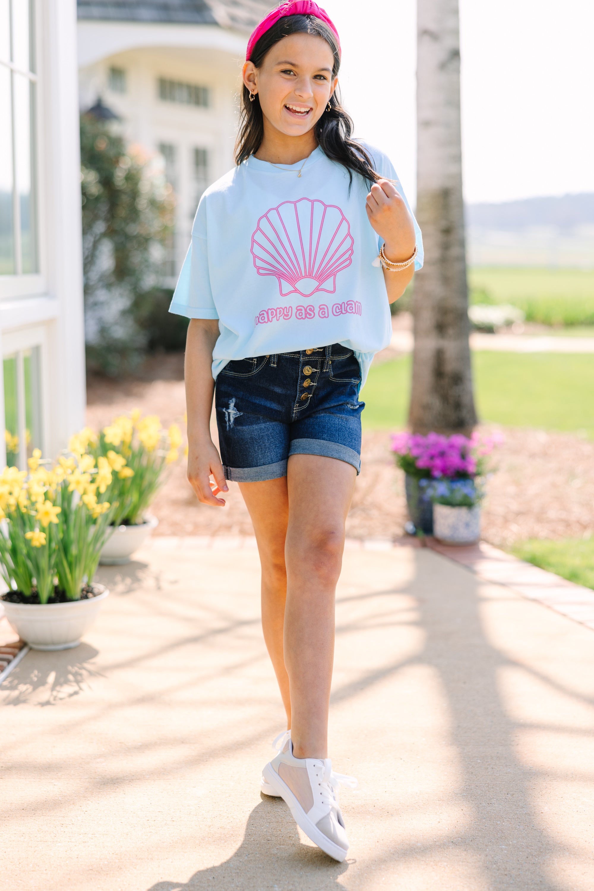 Girls Happy Clam Blue Oversized Graphic Tee