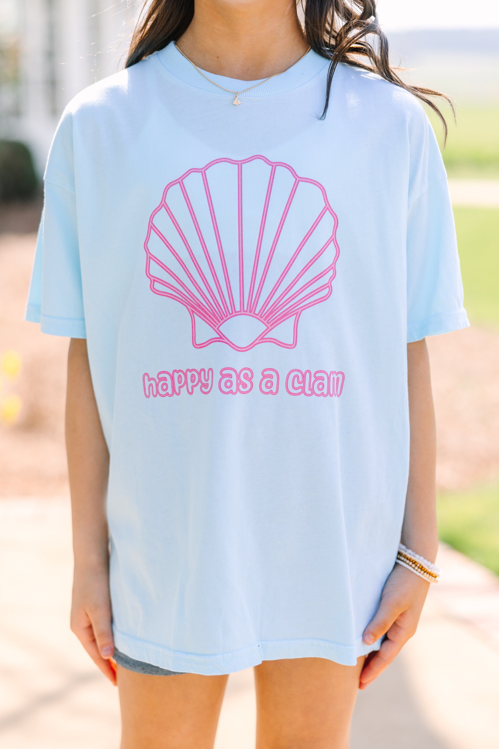 Girls Happy Clam Blue Oversized Graphic Tee