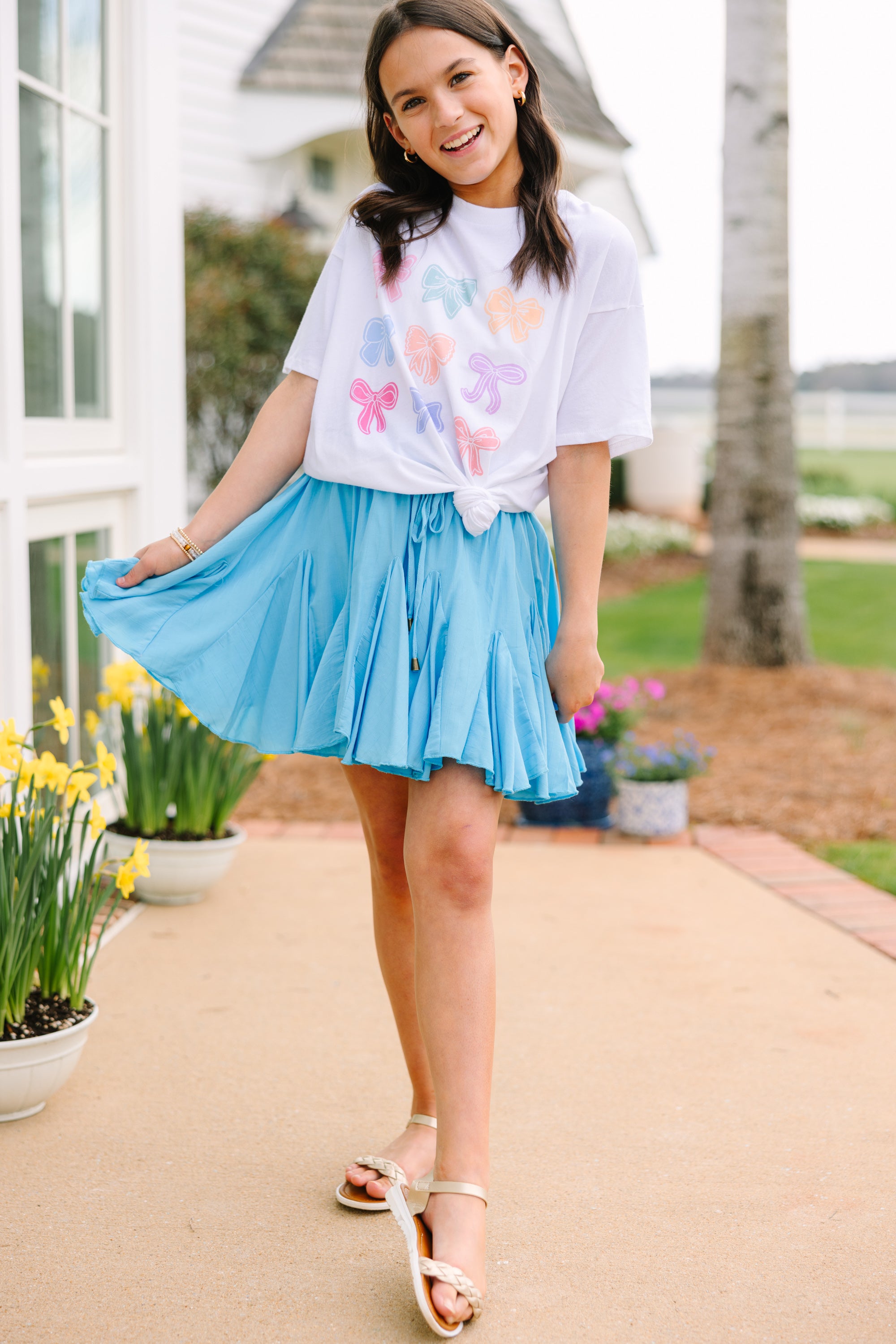 Girls Oversized Graphic Tee - Bowtiful White Color