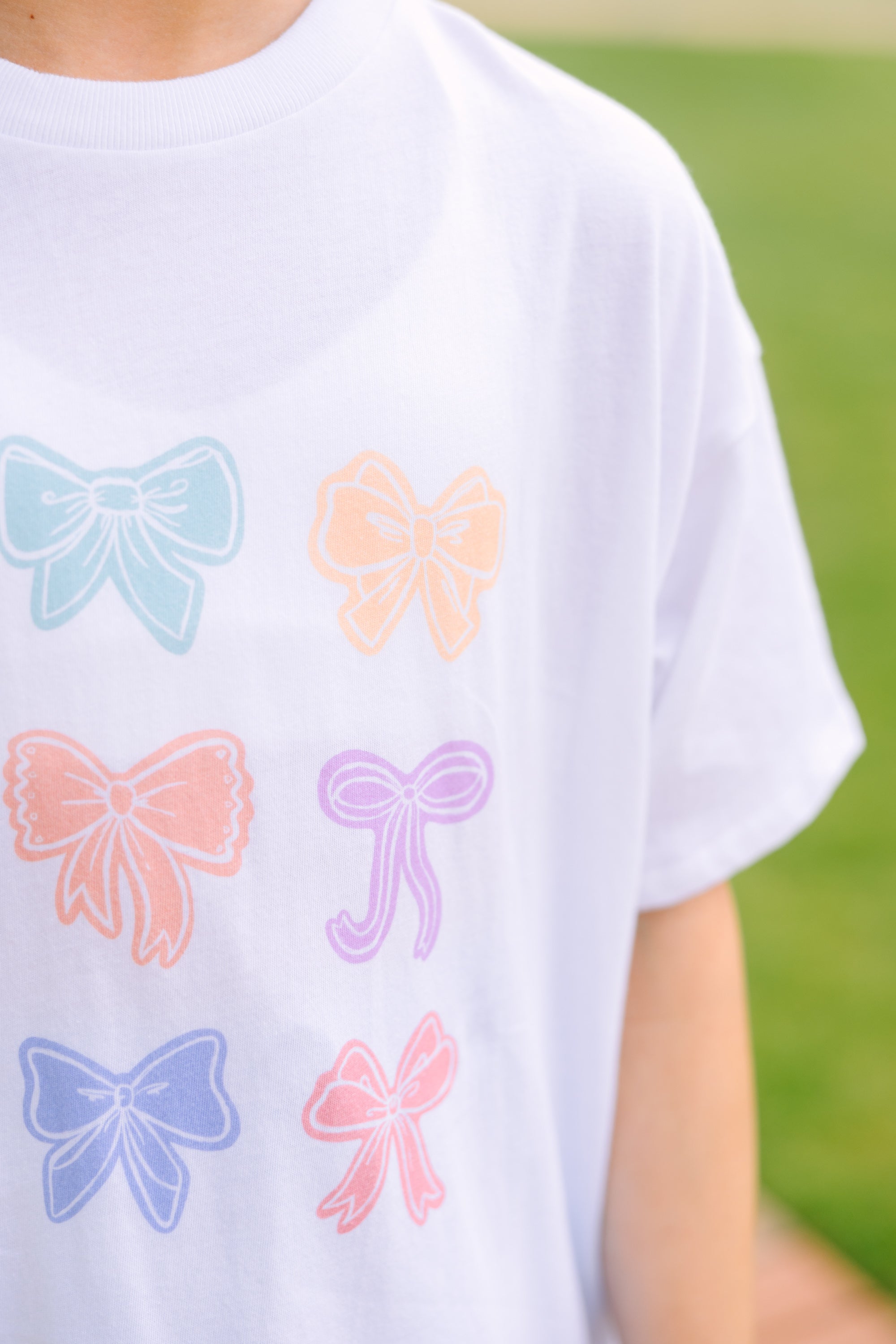 Girls Oversized Graphic Tee - Bowtiful White Color